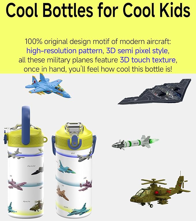 MYFOREST 14oz/400ml Insulated Kids Water Bottle, Odor-Free Surgical Grade Liner, Dishwasher-Safe, Name Spot, Soft Sipper, Gift for AvGeek (Block Guardians: Air)