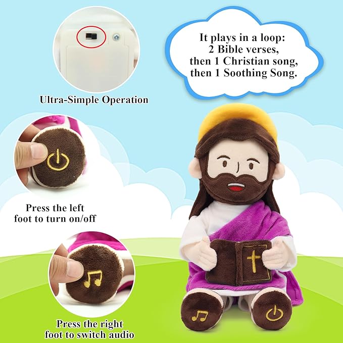 Yelakey Jesus Plush Talking Doll with Halo,Speak 20 Bible Verses & 20 Songs,13.4" Interactive Hymn Stuffed Plushie Perfect Religious Gift for Kids Sunday School & Easter Celebrations(Purple)