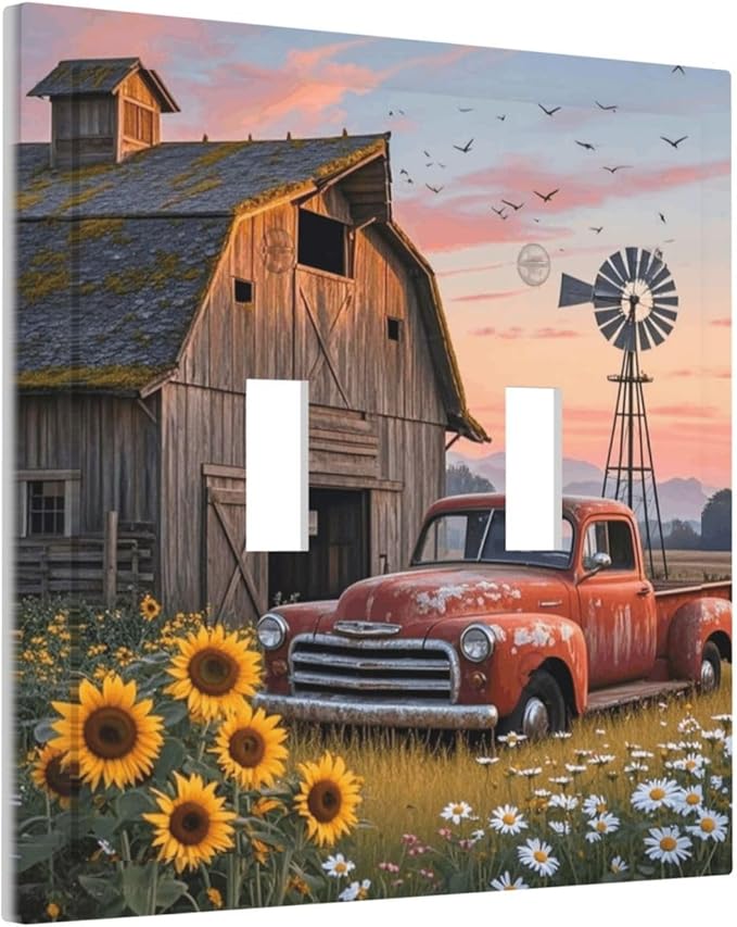 Rustic Barn Red Truck Windmill Sunflower Decorative Switch Plates 2 Gang Double Toggle Outlet Light Switch Cover Wall Plate Electrical Faceplate for Farmhouse Home Decor