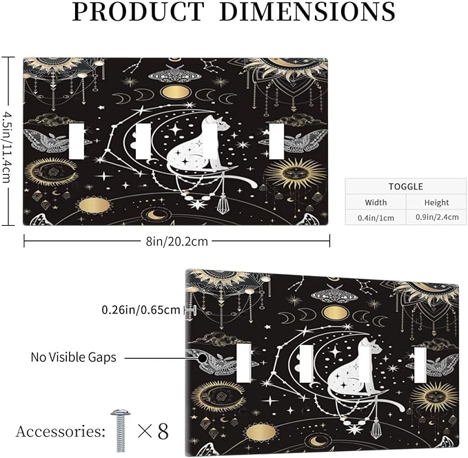 White Cat Tarot Moon Phases Moth Celestial Gothic Light Switch Covers Quad Toggle Electrical Faceplate 4 Gang Wall Plate Decorative Switch Plates Cover for Kids Room Bedroom Decor