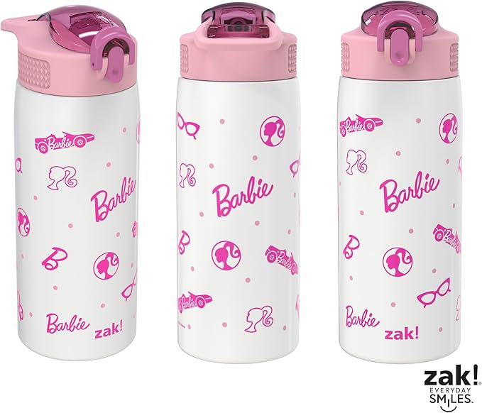 Zak Designs Barbie Porter Water Bottle for Travel and At Home, 19 oz Vacuum Insulated Stainless Steel with Locking Spout Cover, Built-In Carrying Loop, Leak-Proof Design (Barbie)
