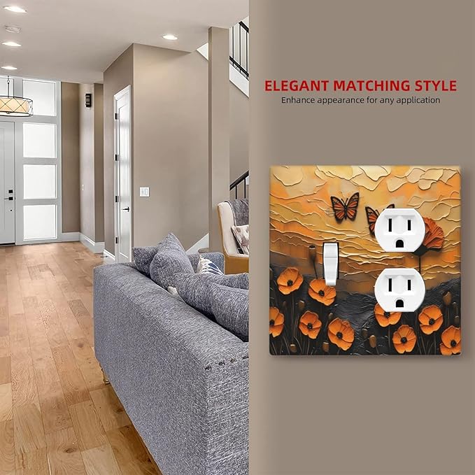 Oil Painting Flower Sunset Butterfly Vintage Rustic Floral Wallplates 1 Toggle 1 Duplex Switch Plate Electrical GFCI Faceplate Decorative Light Switch Covers for Bedroom Living Room Decor