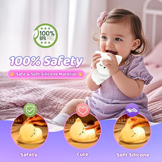 Night Light for Kids,16 Colors Cat Lamp Cute Lamp,Dimmable Baby Night Lights for Nursery,Silicone Rechargeable Nightlight for Kids Room,Kawaii Room Decor,Cat Themed Gifts,Valentines Day Gifts for Kids