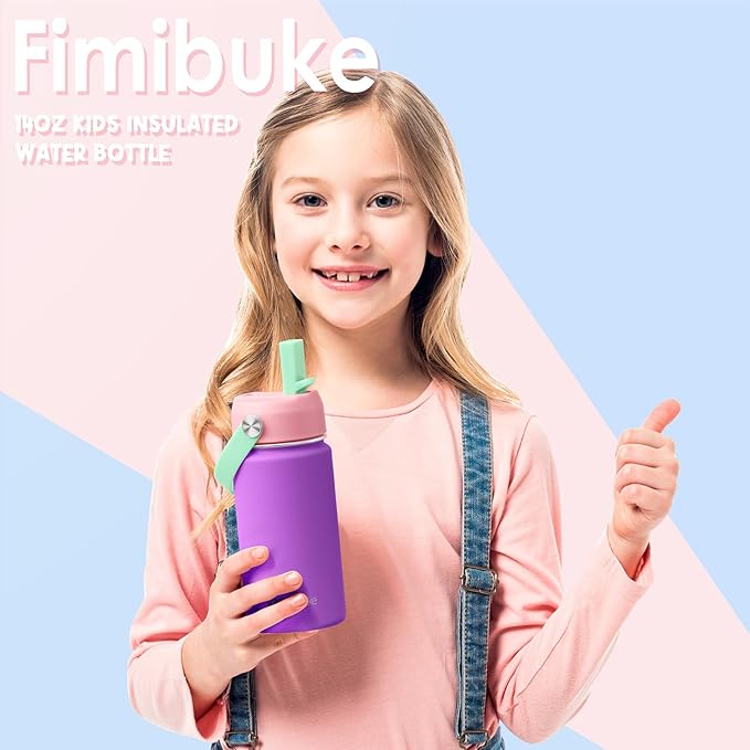 Fimibuke Kids Insulated Water Bottle - 14oz BPA-FREE 18/8 Stainless Steel Travel Tumbler Leak Proof Double Wall Vacuum Kids Cup with Straw Metal Water Bottle for School Boys Girls (1 Pack, Bubble Gum)