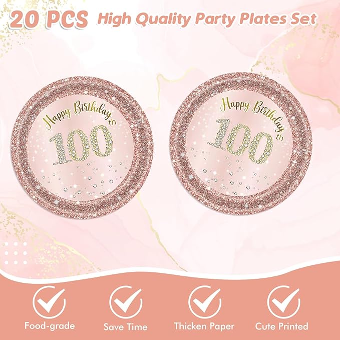 41Pcs 100th Birthday Decorations, Rose Gold Birthday Party Supplies Include 20Pcs Plates 20Pcs Napkins and 1Piece Tablecloth, Sweet One Hundred Year Old Birth Party Tableware for Girl Ladies Women