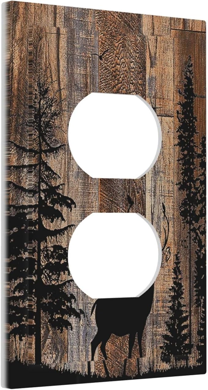 Outlet Covers Rustic Forest Antler Elk Deer Silhouettes Animals Wood Grain 1 Gang Duplex Light Switch Cover Electrical Receptacle Faceplate Wall Plate Decorative Switch Plates for Farmhouse