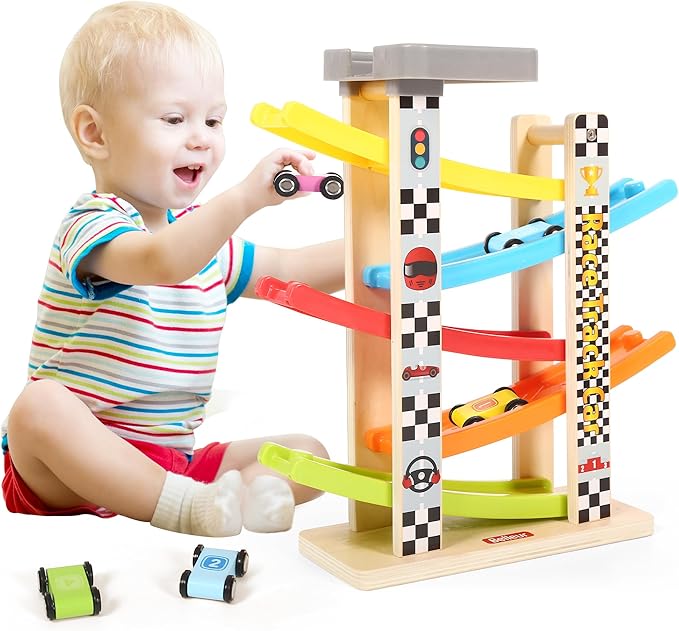 Belleur Montessori Toy for 1-3 Years Old Boys and Girls, Kid Race Track Car for Toddlers with 5 Mini Cars & 5 Ramps, Wooden Montessori Car Ramp Toy Set for Babies' Birthday Gifts, Visit Gifts