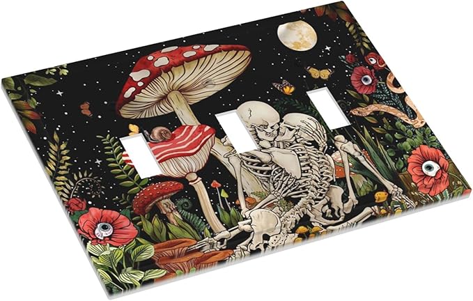 Skeleton Moon Star Plants Flora Triple Toggle Light Switch Cover Decorative 3 Gang Wall Plates Electrical Faceplate Mushroom Skull for Decor Bathroom Kitchen Bedroom