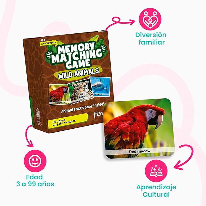 Menique Wild Animals Memory Matching Game – 80 Cards (40 Pairs) with Real Photos – Includes Educational Booklet with Animal Facts – Fun & Cognitive Game for Kids and Adults