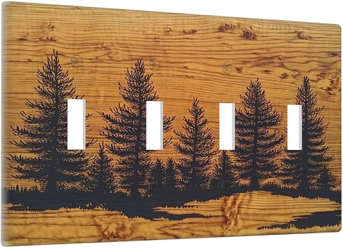 Light Switch Covers Forest Pine Silhouette Rustic Wood Grain Quad Toggle Electrical Faceplate 4 Gang Wall Plate Decorative Switch Plates For Farmhouse Cabin Decor