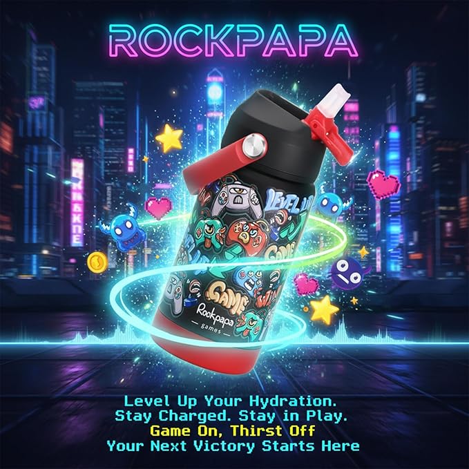 rockpapa 14 oz Kids Insulated Water Bottle，Stainless Steel Toddler Cups with Straws, BPA Free, Leak-Proof, Kids Water Bottle for School Boys&Girls (Black Games)