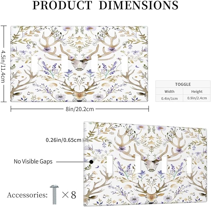 Light Switch Covers Gothic Retro Floral Damask Elk Wild Flower Quad Toggle Electrical Faceplate 4 Gang Wall Plate Decorative Switch Plates For Bed Room Living Room Decor