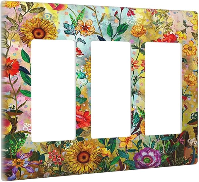 Fall Colorful Sunflower Floral 3 Gang Wall Plate Triple Rocker Light Switch Cover Decorative Switch Plates Outlet Covers Electrical GFCI Faceplate for Bedroom Bathroom Kitchen Art Decor Accessories
