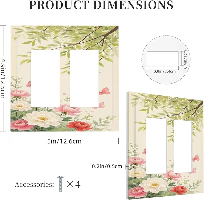Decorative Outlet Covers Garden Flowers Green Leaves And Butterflies 2 Gang Double GFCI Rocker Electrical Wall Panels Light Switch Cover Plate for Bedroom Cabin Decor