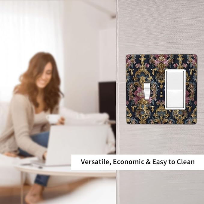 Decorative Outlet Covers Rococo Pink Floral Flower Gold Leaf 2 Gang Light Switch Cover Plate Single Toggle 1 Rocker Wall Plates for Electrical Outlets Switch Plate Covers for Bedroom Decor