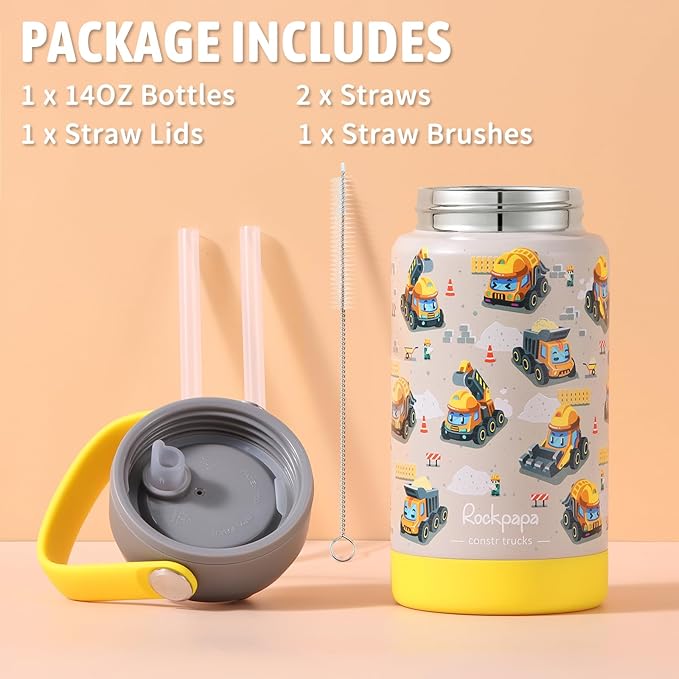 rockpapa 14 oz Kids Insulated Water Bottle，Stainless Steel Toddler Cups with Straws, BPA Free, Leak-Proof, Kids Water Bottle for School Boys& Girls (Grey Constr Trucks)