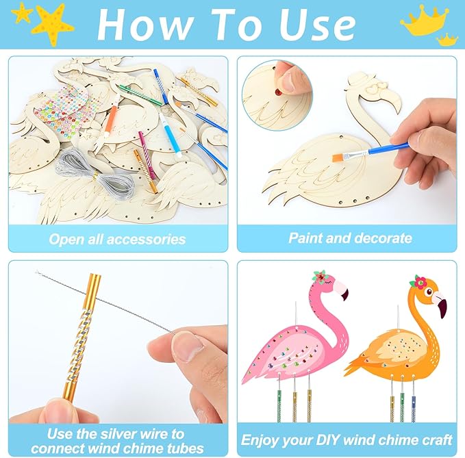 gisgfim 16 Pack Flamingo Wind Chime Kits Flamingo Crafts for Kids Make Your Own Summer Wind Chime Wooden DIY Arts and Crafts for Hawaii Summer Party School Classroom Decor Supplies Birthday Favors