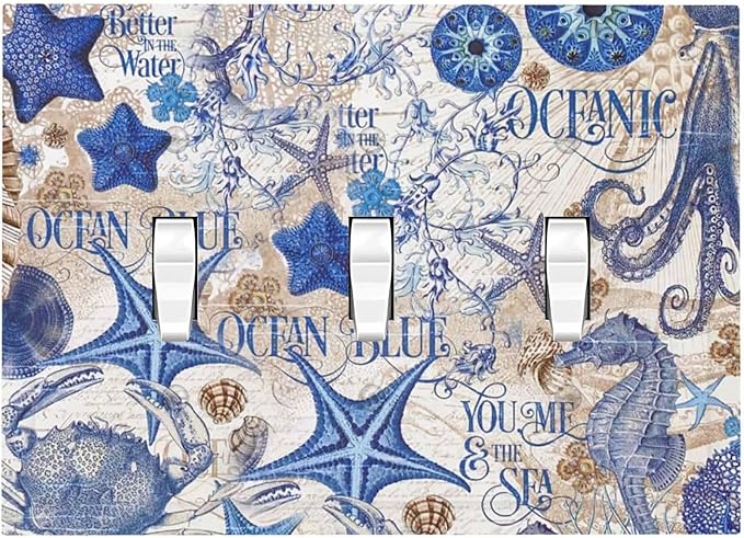 Decorative Switch Plates Vintage Sea Blue Seahorse Starfish Octopus 3 Gang Wall Plate Triple Toggle Light Switch Cover Faceplate Electrical Wall Panels For Kids Room Home Decor