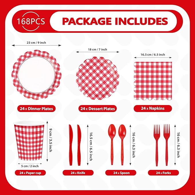 168 Pcs Red Gingham Checkered Party Supplies Scalloped Red and White Checkered Plates Napkins Cups Forks Tableware Sets for Birthday Wedding Picnic BBQ Bridal Baby Shower Supplies Serves 24
