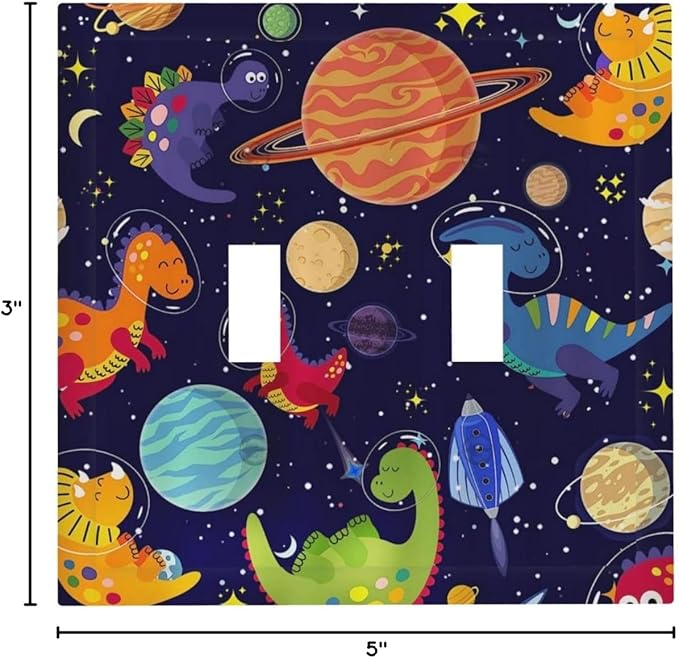 Ocean Blue Cute Cartoon Dino Kids Dinosaur 2 Gang Double Toggle Outlet Light Switch Wall Plate Outlet Cover Astronaut Universe Galaxy Outer Space Planet Nebula Boys Electrical Faceplate Switchplate