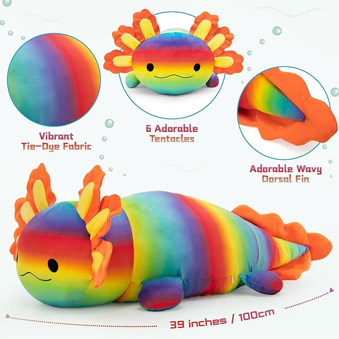 BENINY Large Axolotl Plush Toy, 39" Giant Axolotl Stuffed Animal Plush, Big Huggable Toys Gift for Girls Kids, Long Squishy Pillow for Holiday Birthday Christmas, Rainbow