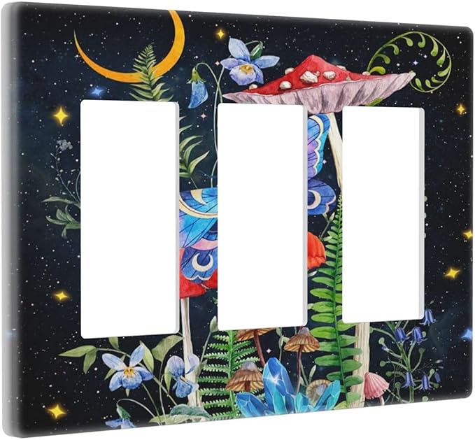 Moon Snail Boho Moth Mushroom 3 Gang Three Gfci/Decorator Receptacle Switch Face Wall Plate Black Witchy Fantasy Botanical Butterfly Decorative Triple Rocker Light Switch Cover for Dimmer Screwless
