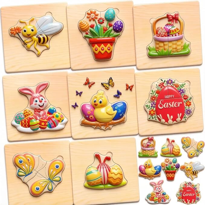 8pcs Easter Basket Stuffers Fillers for Toddler Party Favors, Easter Puzzles for Toddlers 3-5, Wooden Puzzles Gifts Toys for Kids Boys Girls Baby, Classroom Exchange Gifts Rabbits Eggs Puzzle