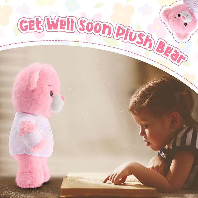 Deekin Get Well Soon Gifts for Kids Injured Recovery Bear Stuffed Animal Gifts Bear for Kids Adult with Broken Arm After Surgery Soft Bandage Plush 10 Inches(Pink,Arm Injury)