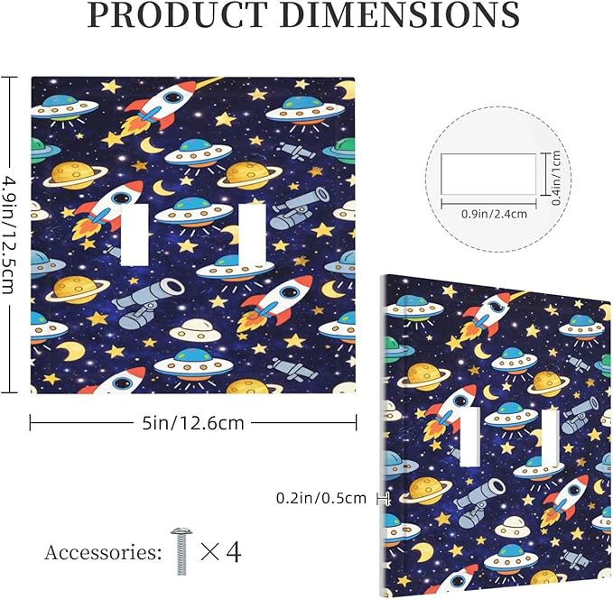 Decorative Light Switch Cover Plate Space-themed Rocket Spaceship 2 Gang Outlet Covers Double Toggle Wall Plates for Electrical Switch Plate Covers Faceplate for Children's Room Decor
