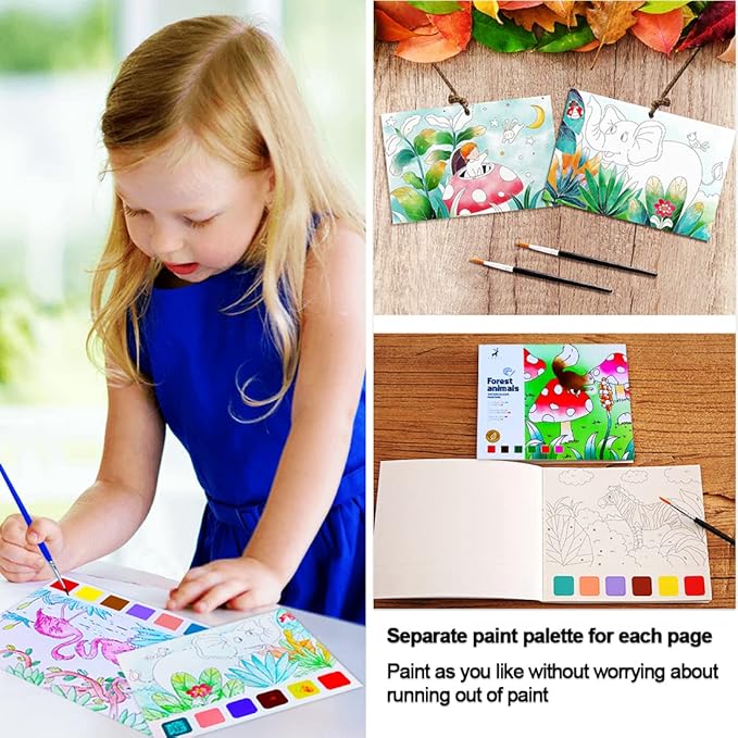 JUNQIU Watercolor Coloring Books for Kids Ages 4-8, Pocket Watercolor Painting Book for Toddlers, Arts and Crafts for Girls Gifts, Stocking Stuffers For Kids