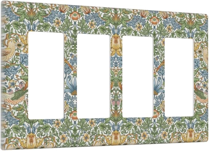 William Morris Strawberry Thrush Birds 4 Gang Light Switch Cover Vintage Floral Flowers Plant Quad Rocker Outlet Covers Switchplates Decorative Electrical Wall Plate for Country Home Decor