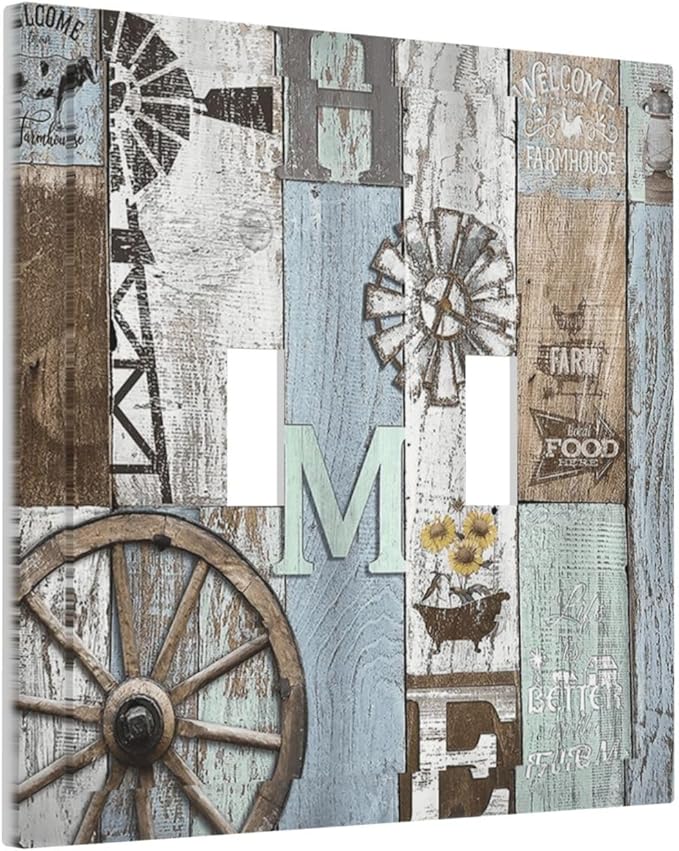 Rustic Western Barn Door Vintage Windmill Decorative Switch Plates 2 Gang Double Toggle Outlet Light Switch Cover Wall Plate Electrical Faceplate for Farmhouse Home Decor