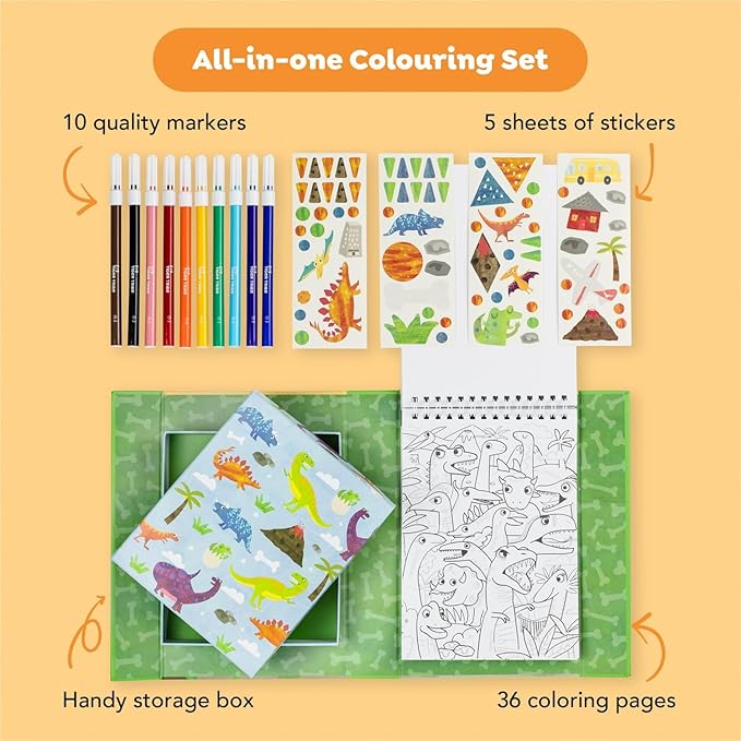 Tiger Tribe Coloring Set - Dinosaurs, Activity Set for Kids, incl. Stickers & Markers Portable Storage Box, Perfect for Travel, Great Gift