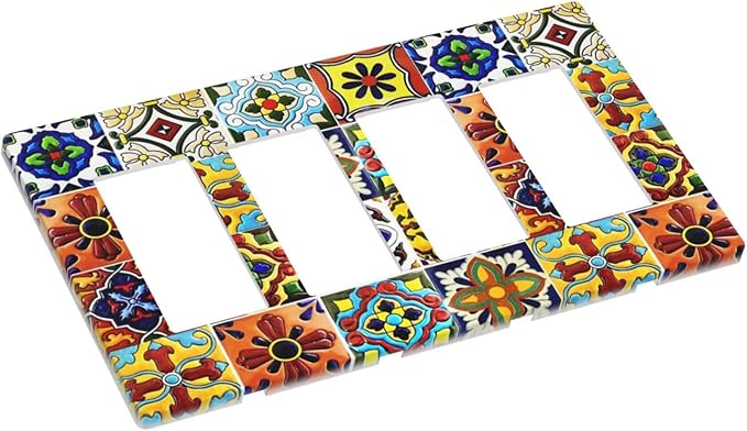 Boho Mexican Moroccan Tile 4 Gang Quad Rocker/GFCI/Decorator Light Switch Cover Plate Decorative Electric Faceplate Decorative Switchplate Screwless