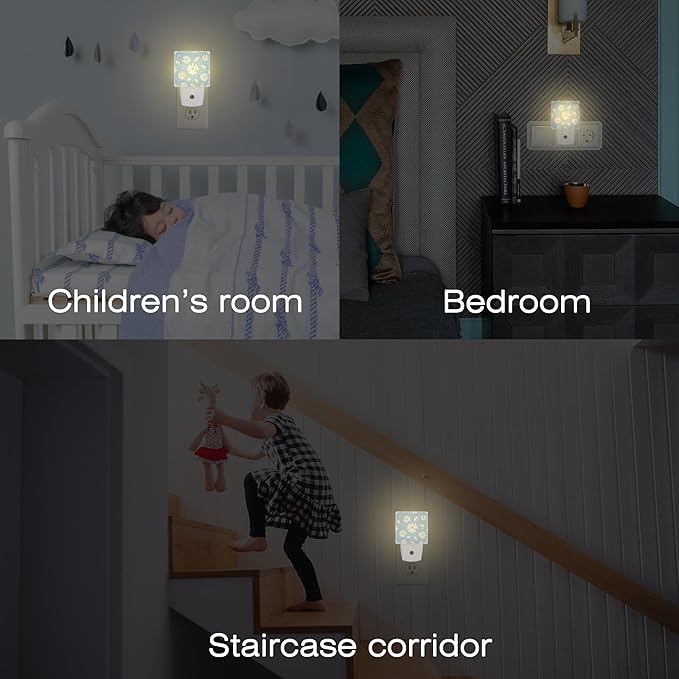 Watercolor White Daisies Flowers Night Light for Kids,Abstract Floral Flying Petals Night Light Plug in with Dusk to Dawn Sensor,0.5w Energy Saving Nightlight for Hallway Stairway Kitchen Bedroom