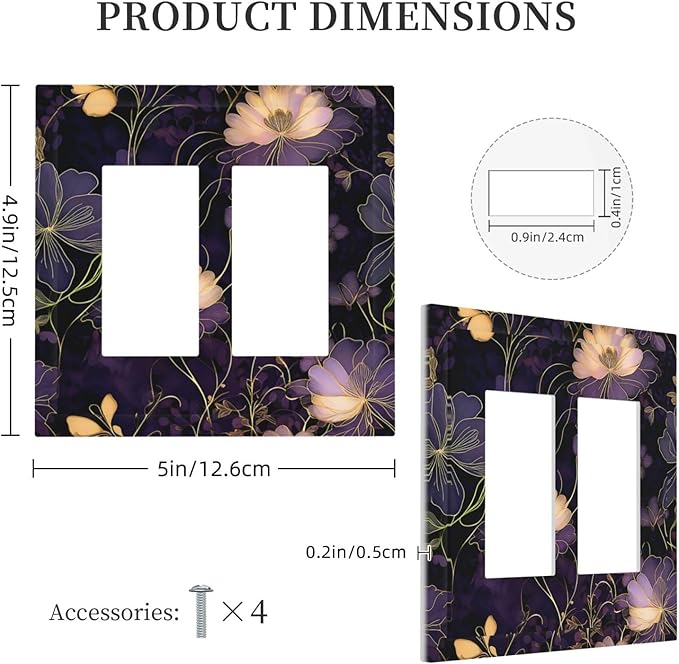 Modern Boho Vintage Gold Purple Dark Floral Modern Abstract Flowers Decorative Outlet Covers 2 Gang Double Gfci Rocker Electrical Wall Panels Light Switch Cover Plate for Bedroom Living Room