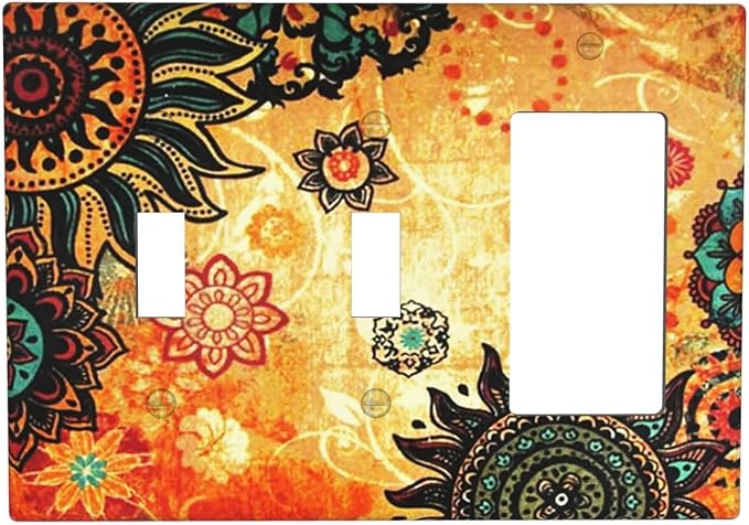Red Orange Boho Bohemian Flower Floral 3-Gang 2-Toggle 1-GFCI/Decorator Combination Light Switch Decorative Triple Combo Device Switches/Rocker Outlet Covers and Wall Plate