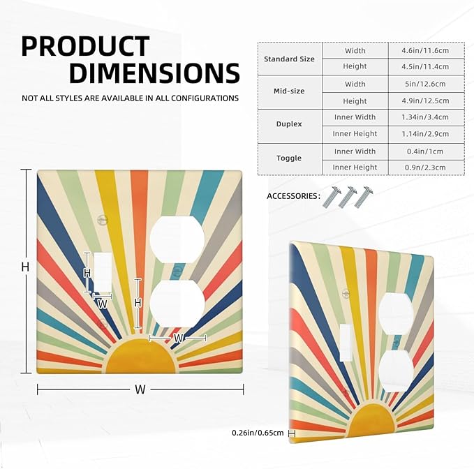 2-Gang 1-Toggle 1-Duplex Combination Wall Plate 1970s Hippie Bohemian Art Mid Century Boho Abstract Sun Sunrise Sunset Two Combo Double Device Toggle/Outlet Receptacle Light Switch Face Plate Cover