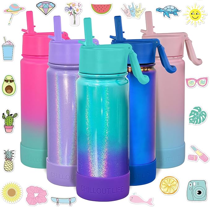 CHILLOUT LIFE 17 oz Kids Insulated Water Bottle for School with Straw Lid Leakproof and Cute Waterproof Stickers, Personalized Stainless Steel Thermos Flask Metal Water Bottle for Girls & Boys