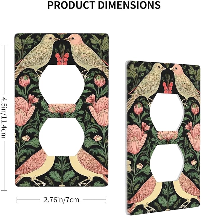 Vintage Bird Floral 1-Gang Duplex Wall Plate, Dark Green Bird Flower Outlet Cover Decorative Faceplate for Bedroom, Sunroom & Home