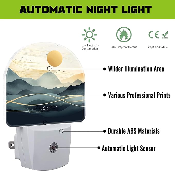 Golden Sun and Mountains Night Light for Kids,Watercolor Sunrise Sunset Mountain Plug in Night Light with Dusk to Dawn Sensor, 0.5w Energy Saving Nightlight for Hallway Stairway Kitchen Bedroom