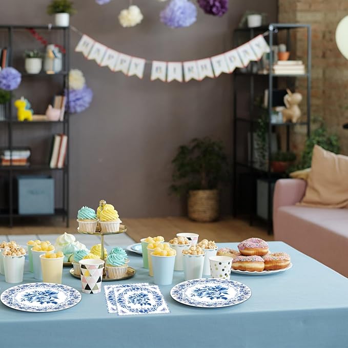 40 PCS Floral Birthday Decorations Blue and White Flower Theme Disposable Tableware Blue Plates and Napkins Party Supplies for Wedding Baby Shower Bridal Shower Holiday Birthday Party Supplies