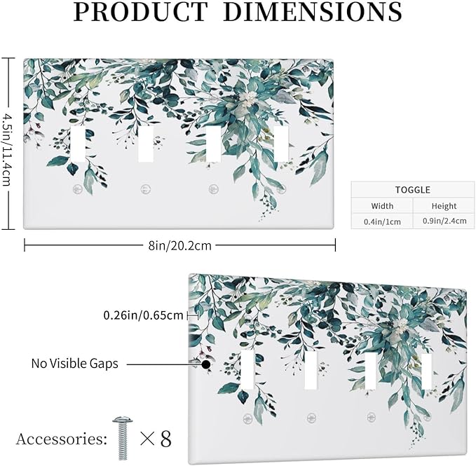 Decorative Light Switch Cover Plate Green Eucalyptus Boho Olive Leaves Country Unique 4 Gang Wall Plate Switch Plate Covers Quad Toggle Jumbo Electrical Faceplate for Bedroom Decor