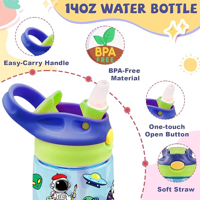 14oz Space Astronaut Kids Water Bottle with Straw Lid - Astronaut Water Bottles for Kids, Leakproof, Lightweight, Durable Plastic Bottles for School, Universe Space Gift Cup for Boys Girls
