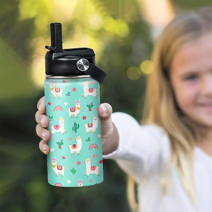 Kids Water Bottle Alpaca Llama Water Bottles 12oz with Straw Insulated Stainless Steel Travel School Tumbler Double Wall Vacuum Cup for Girls Kid