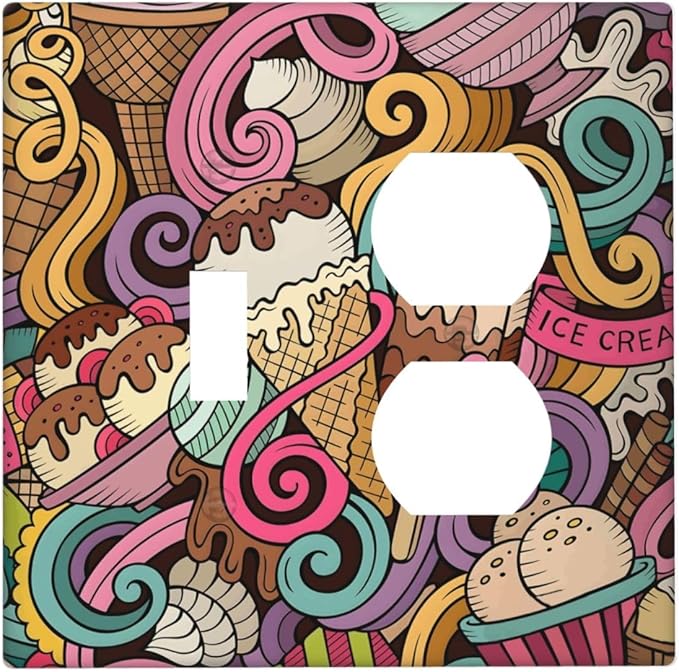 Cartoon Hand Drawn Ice Cream Doodles Colorful Print Wallplates 1 Toggle 1 Duplex Switch Plate Electrical GFCI Faceplate Decorative Light Switch Covers for Kids Room Nursery Decor