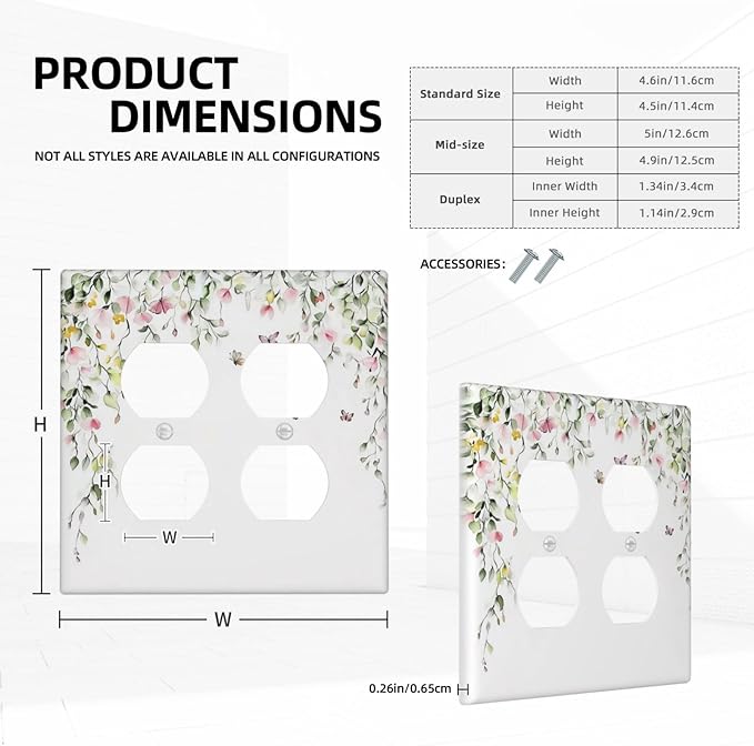 Watercolor Flowers Vine Colorful Butterfly Floral Outlet Covers 2 Gang Double Duplex Decorative Light Switch Covers Electrical Wallplates Socket Faceplate For Bed Room Living Room Decor