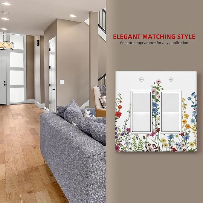 Outlet Covers Colorful Wildflowers Plants Flowers on White Background 2 Gang Light Switch Cover Plate Double Rocker Switch plate Covers Decorative Wall Plates Electrical GFCI Receptacle for Home Decor