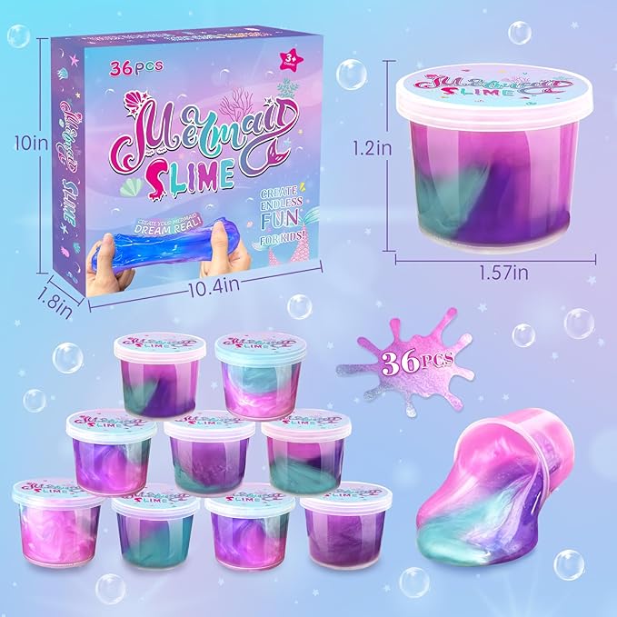 36 Pack Mermaid Slime Kit Party Favors for Kids Slime Cup Bulk DIY Stress Relief Putty Toy Christmas Holiday Birthday Goodie Bag Stuffer Classroom Reward for Girls Boys Stretchy Non-Sticky