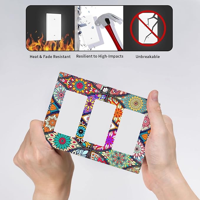 Bohemian Triple Rocker Light Switch Plate Covers Decorative Gifi Lightswitch Faceplate colorful Vintage Floral Mandala Flower 3 Gang Decora Wall Plate for Bathroom Kitchen 6.38" X 4.9"